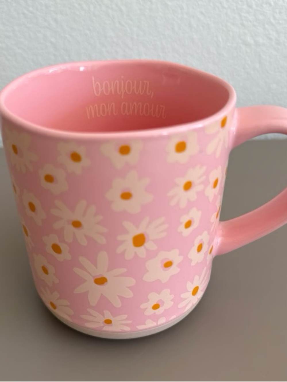 Pink Daisy Ceramic Mug with 'bonjour, mon amour' Interior